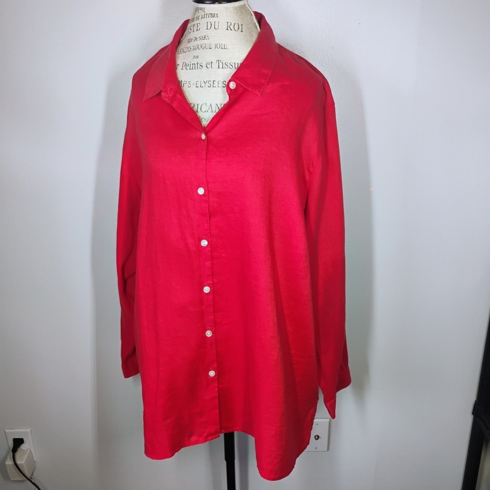 J.Jill Love Linen Essential Shirt Womens 4X Red‎ Button Down Long Sleeve